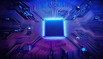 A high-tech motherboard with pulsating neon circuits in shades of blue and purple, with a depth-of-field effect creating a focal point and a large empty area for text overlay