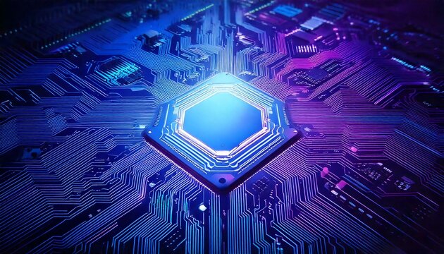 A high-tech motherboard with pulsating neon circuits in shades of blue and purple, with a depth-of-field effect creating a focal point and a large empty area for text overlay