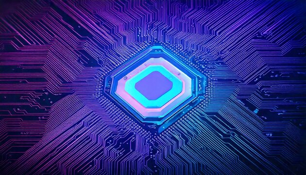 A high-tech motherboard with pulsating neon circuits in shades of blue and purple, with a depth-of-field effect creating a focal point and a large empty area for text overlay