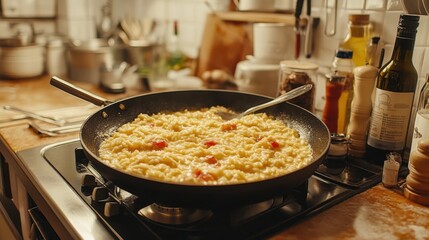 Homecook Creating Creamy Risotto in Cozy Kitchen Food Photography Warm Environment Close-Up View