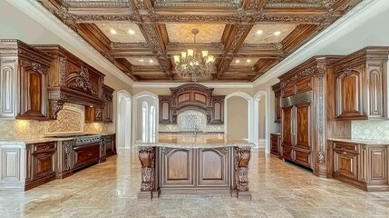 Luxurious Ornate Kitchen With Intricate Woodwork And Island