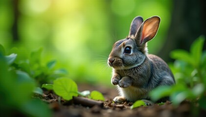 Fototapeta premium Shy grey bunny hiding under leaves with paws tucked in, forest, paws