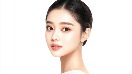 Fototapeta premium Elegant woman in a minimalist white studio setting, portrait of poise and style against clean backdrop.