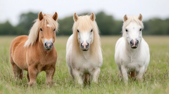 Three Shetland ponies in a field, rural setting