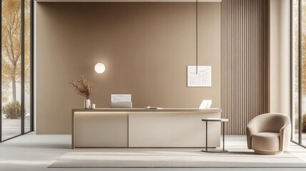 Minimalist consultation room with a modern desk, medical charts, and neutral tones, professional healthcare background.
