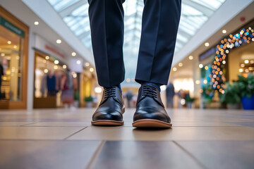 Fototapeta premium Close-up of a man walking purposefully in polished leather shoes through a bustling shopping mall