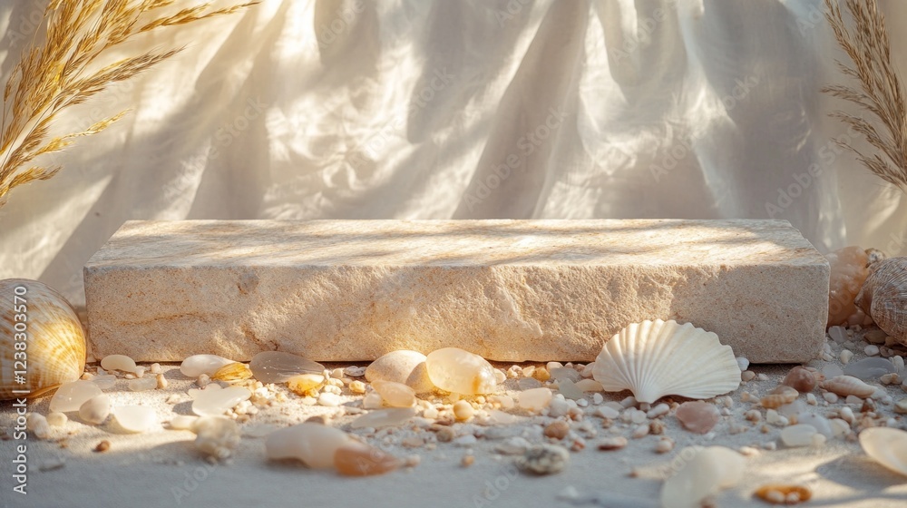 Poster Soft light filters through, illuminating a tranquil arrangement of seashells and smooth stones on a rustic surface, evoking a peaceful ambiance reminiscent of the beach