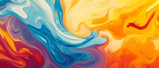 Abstract Fluid Art, Vibrant Colors Swirling In Dynamic Motion.  A Mesmerizing Blend Of Blue, Orange, And Red.