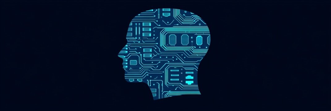 Human Head Silhouette with Integrated Motherboard Patterns and Binary Code on Dark Blue Background - Powered by Adobe