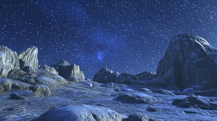 72.A beautiful starry night sky over rocky terrain, with stars sparkling brightly above. The rocky ground is rugged and uneven, with large boulders and craggy edges creating dramatic shapes. The