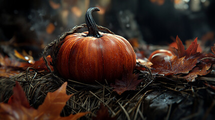 Close-up of a Pumpkin on a Haystack Surrounded by Autumn Leaves
