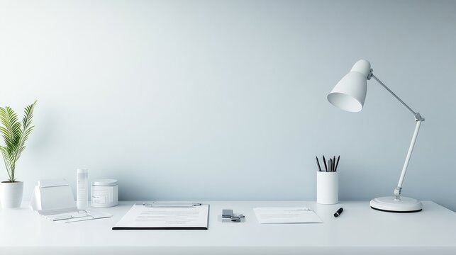 Minimalist medical desk setup with a stylish lamp, open documents, and a pen, professional consultation workspace.