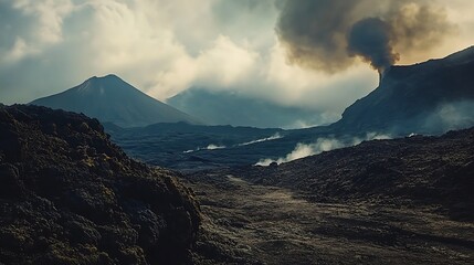 dramatic eruption with lava rivers under fiery clouds image