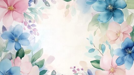 Fototapeta premium 26.A beautiful hand-painted watercolor wreath featuring a mix of blue, pink, and green flowers. The wreath is designed with delicate leaves and soft petals, each bloom uniquely painted with subtle