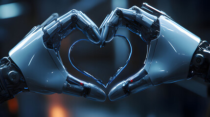 creates a heart shape using robotic hands symbolizing the integration of technology and emotion. Generative AI