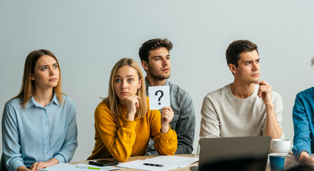 Focused group of young professionals participating in a team-building quiz session, with a participant holding a question card in an office environment.