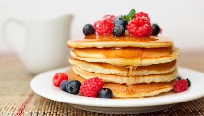 Golden Pancakes Topped with Maple Syrup and Fresh Berries
