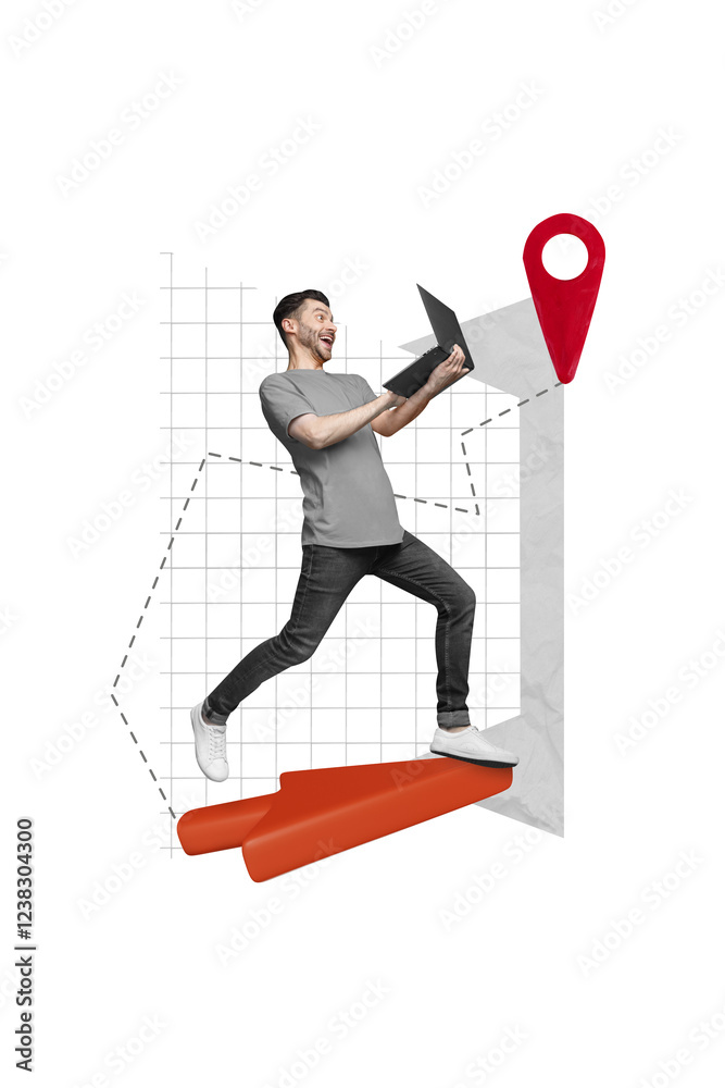 Poster Poster image creative pinup pop 3d collage of funky cheerful man running using netbook writing sms message chatting office colleagues