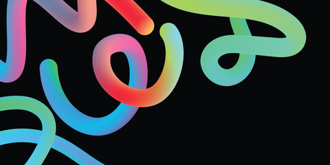 Vector Graphic with Wavy Lines in Rainbow Colors. Abstract Color Gradient Swirl Shapes Set in black background . Colorful Fluid Wave Pattern. Squiggly Design Elements