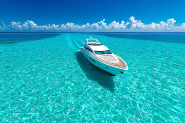 A dynamic wide-angle shot of a white yacht gliding across vibrant turquoise waters, billowing white clouds dotting the sunlit sky,