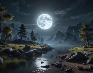 Softly glowing moonlight illuminating a serene landscape, peaceful ambiance, calm atmosphere