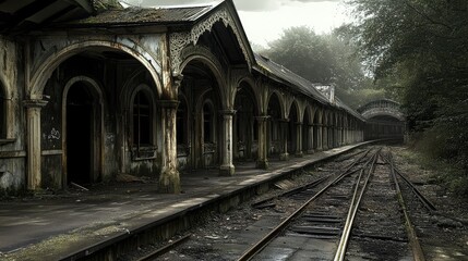 Fototapeta premium Moody abandoned train station with no passengers, economic crisis, recession impact, financial downturn, urban decline.