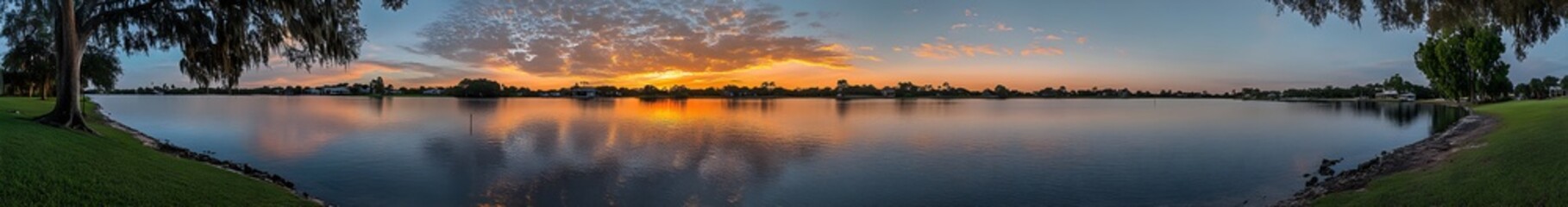 Obraz premium A stunning panoramic view of the vibrant orange and yellow sunset sky, with fluffy clouds creating an enchanting backdrop for your message or product. Captured with a wide-angle lens, this image 