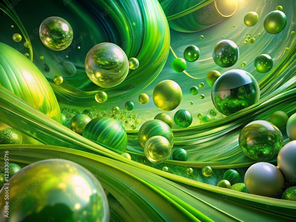 Wall mural Abstract Green Panoramic: Fluid Dynamic Shapes and Spheres