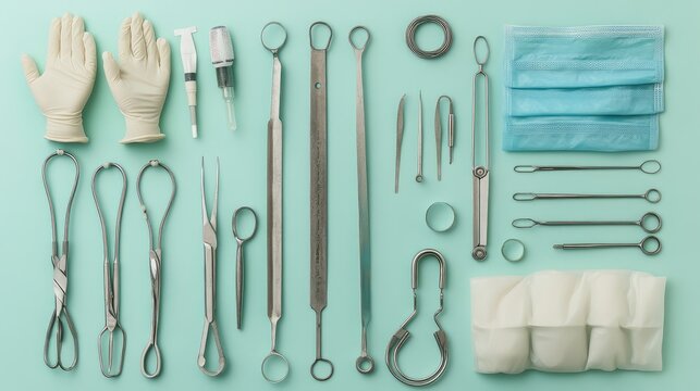 Overhead view of a neatly arranged set of obstetric examination tools, such as speculums, forceps, and gloves.