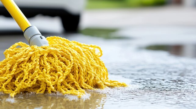 A yellow mop is cleaning a wet surface outdoors.