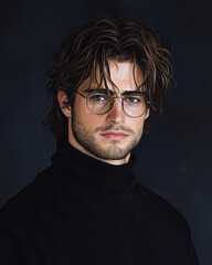 Fototapeta premium A dreamlike side angle where his eyes meet the camera, the subtle reflection on his glasses accentuating his open, friendly demeanor,