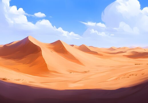 A vast desert landscape with rolling dunes under the warm glow of an orange sun, with fluffy white clouds in the blue sky. 