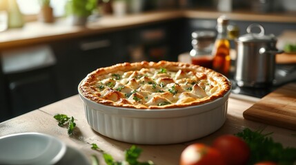 Homecook Creates Delicious Chicken Pot Pie Cozy Kitchen Professional Photo Warm Environment Close-Up Culinary Delight