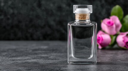 A clear glass perfume bottle with a cork stopper beside pink roses on a dark surface.