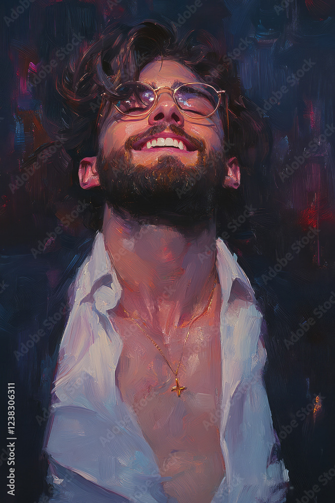 Poster an indoor setting featuring the manâ€™s bright smile and sharp glasses, surrounded by soft pastel to