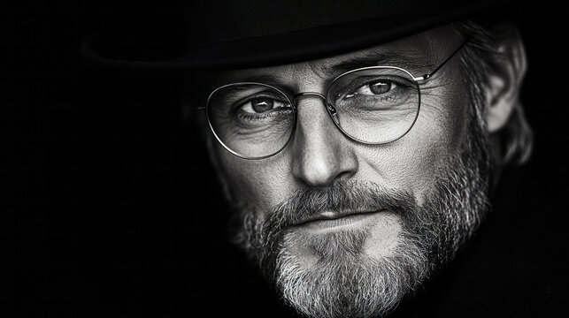 A crisp black-and-white treatment accentuating the manâ€™s warm grin and refined eyewear, his eyes engaging the viewer directly,