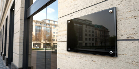 Obraz premium A Stylish Mockup of a Blank Black Glass Sign Plate on a Textured Wall for Branding