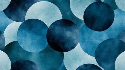 41.A geometric vector pattern with watercolor blue circles, each painted in varying shades of blue, from soft aquamarine to deep indigo. The circles are arranged in a seamless repeating pattern, with