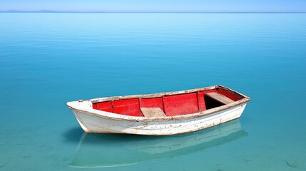 Naklejka premium Calm sea, red and white boat, clear sky, peaceful scene, travel