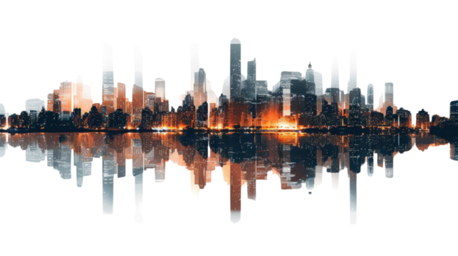 Futuristic illuminated cityscape reflecting on water with transparent background