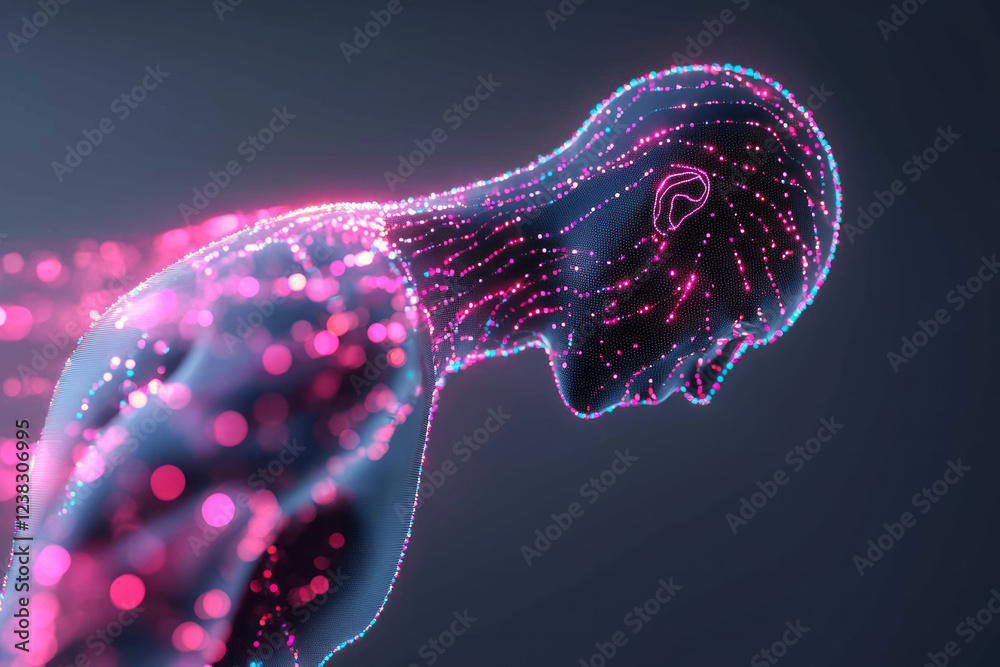 Poster a cinematic 3d render of a translucent human figure with bright neon lines weaving across the body, 