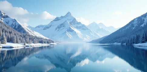 Snow-covered mountain peaks in the distance with a serene lake below, snow, calm, landscape