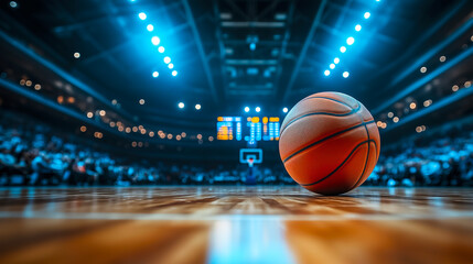 Basketball rests on the polished wooden court under bright arena lights, with blurred crowd and scoreboard in the background
