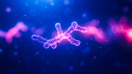 Glowing chromosome structure in futuristic neon style, representing genetics and molecular biology against a dark blue background with floating particles