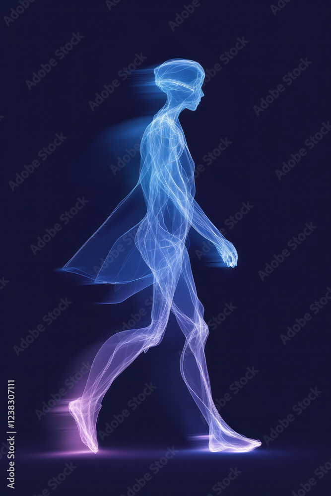 Poster a minimal side-angle shot showcasing a digital outline of the human form, each limb softly illuminat