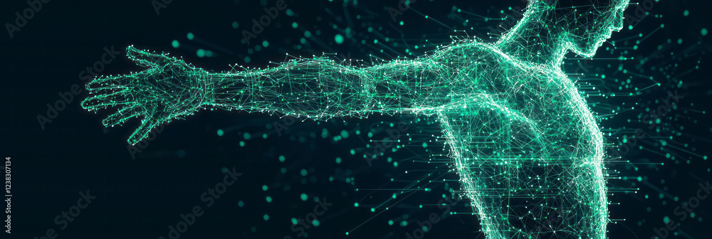 Fototapete An abstract overhead view featuring a glowing wireframe model of the body, bright circuit-like patterns radiating from the torso,