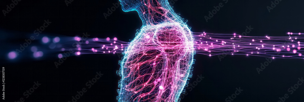 Aufkleber An abstract overhead view featuring a glowing wireframe model of the body, bright circuit-like patterns radiating from the torso,