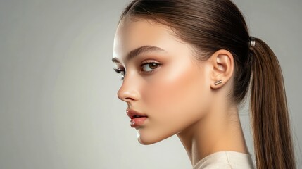 Fototapeta premium A young woman with a sleek ponytail, wearing a metallic hair clip that adds a pop of shine.