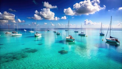 Fototapeta premium Peaceful ocean landscape with sailboats and yachts gliding effortlessly on calm turquoise water, calm sea, ocean