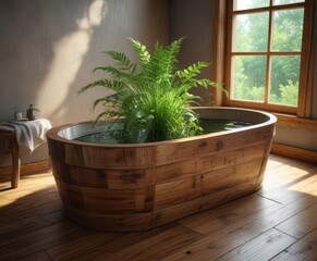 Pflanzen wachsen in der Nähe der alten Holzbadewanne, Sonnenstrahlen erstrahlen, sunlight, outdoor, natural landscape